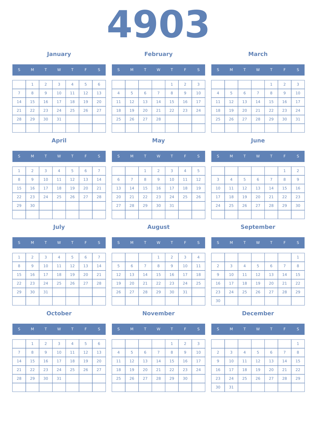 Printable 4903 Year Calendars glaucous
