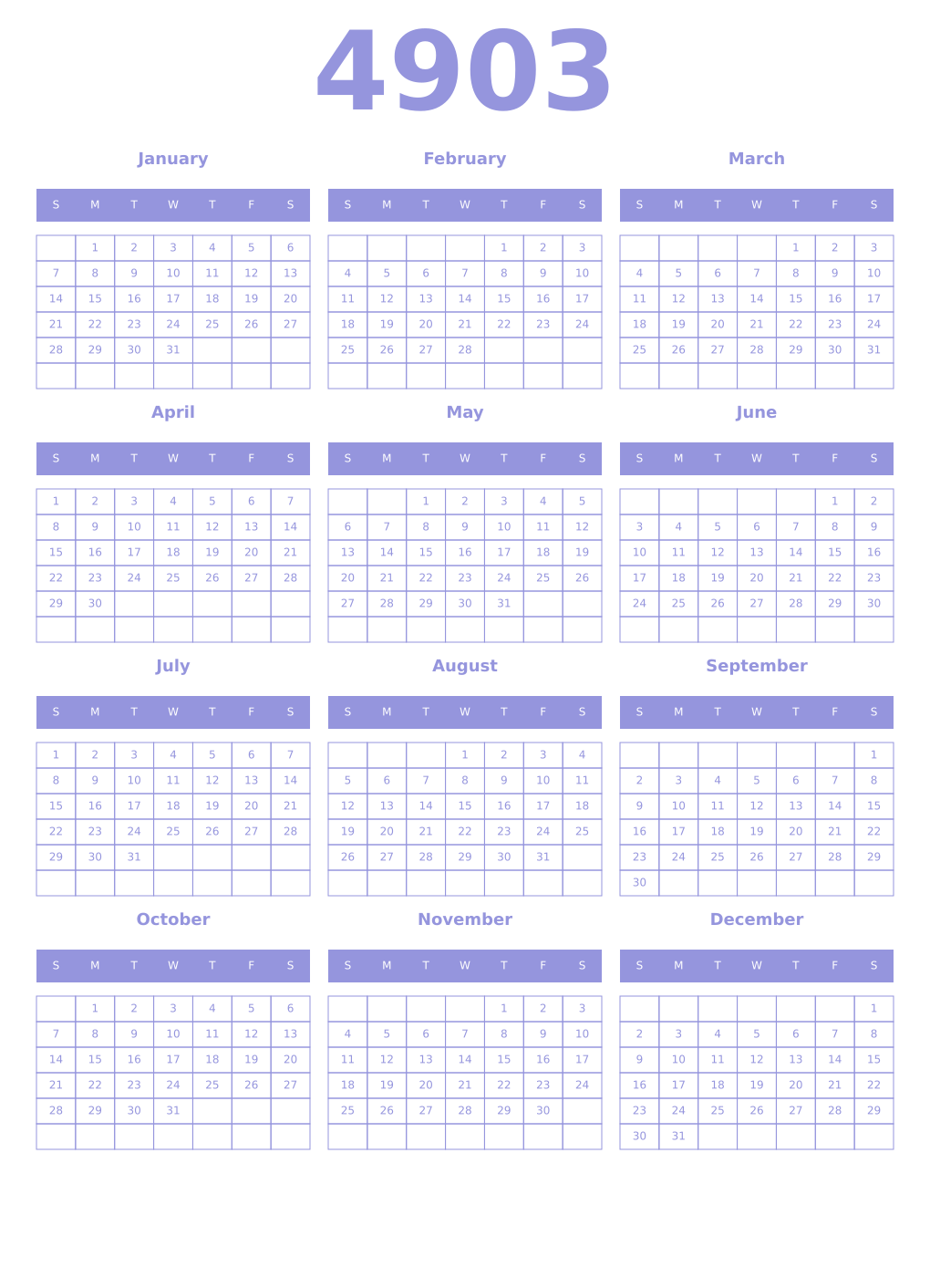 Printable 4903 Year Calendars periwinkle