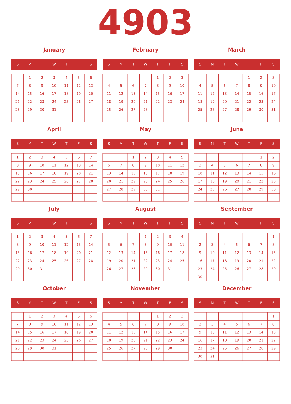 Printable 4903 Year Calendars red