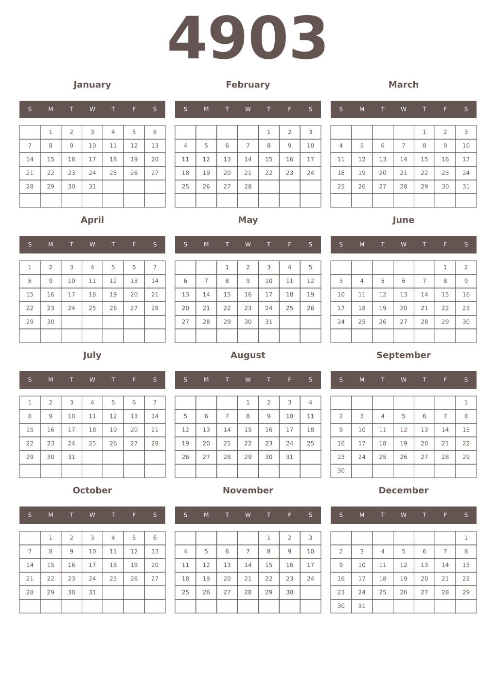 Printable 4903 Year Calendars wenge