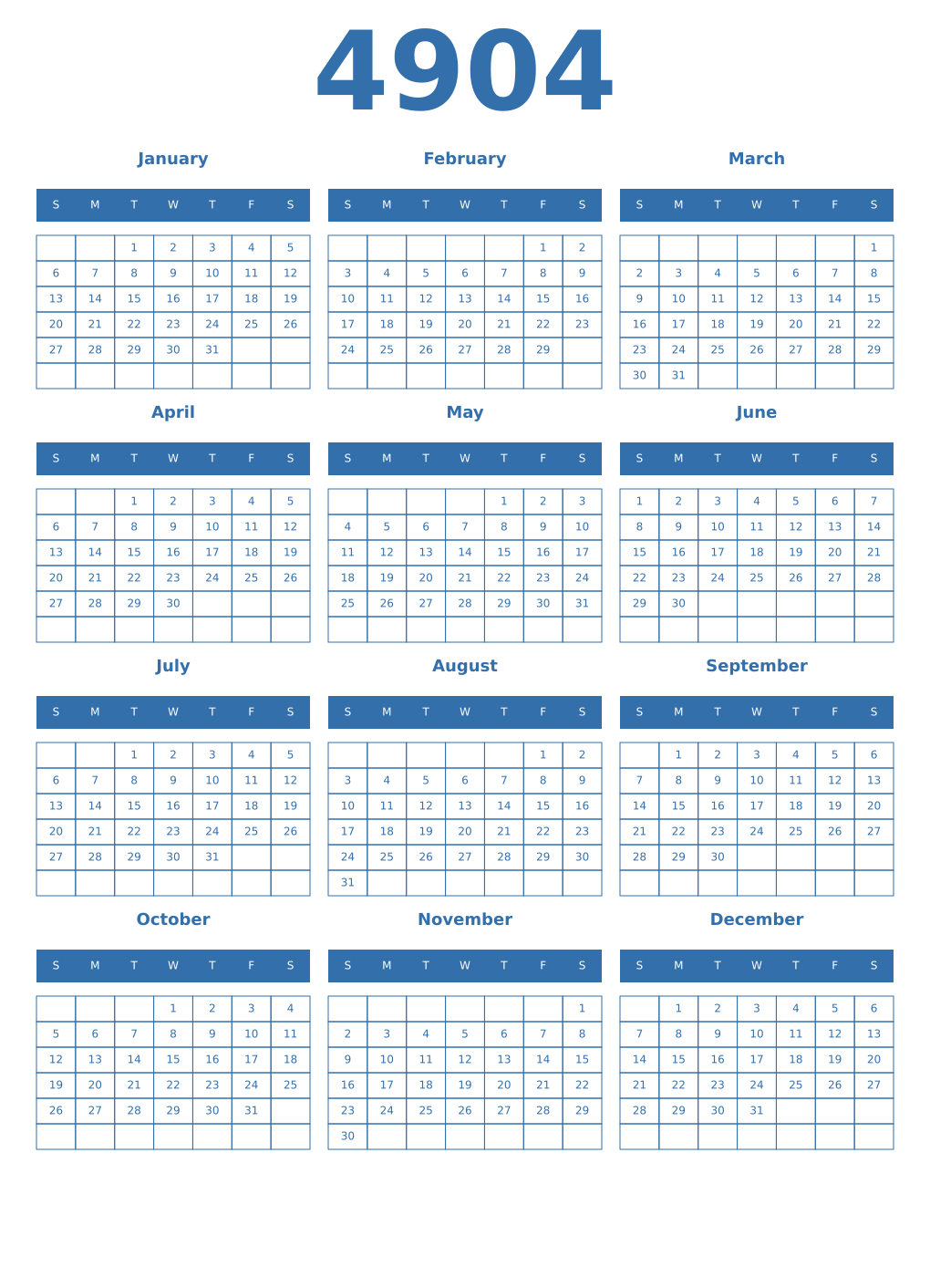 Printable 4904 Year Calendars blue