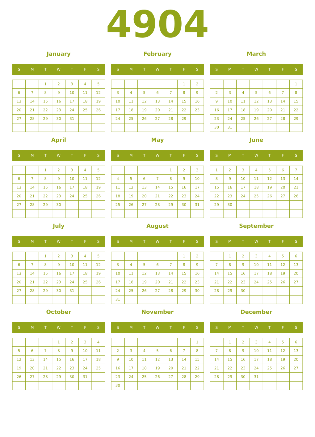 Printable 4904 Year Calendars chartreuse