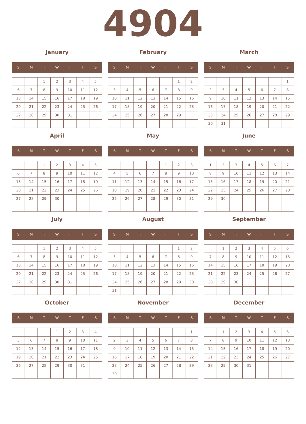 Printable 4904 Year Calendars coffe