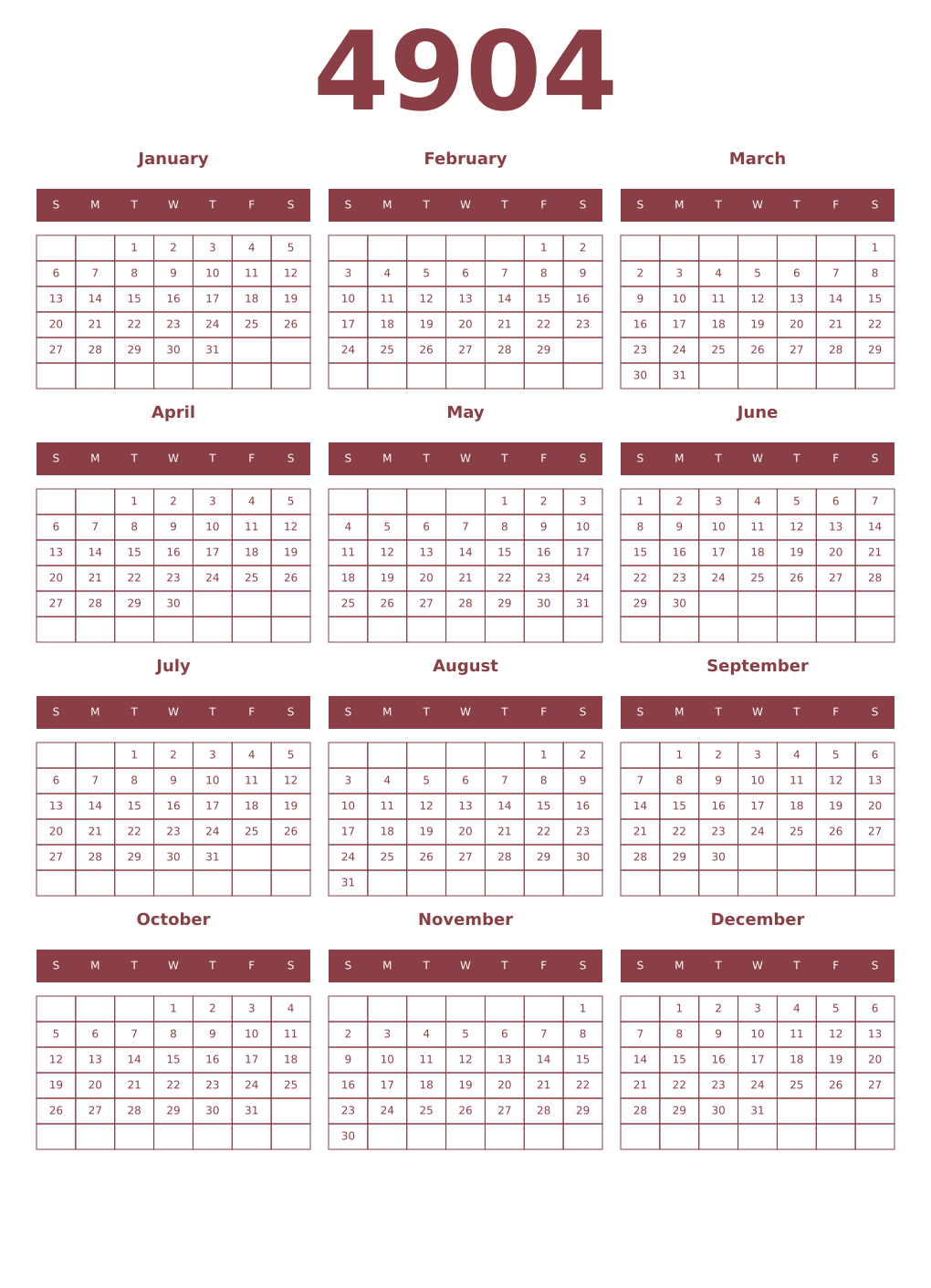 Printable 4904 Year Calendars cordovan