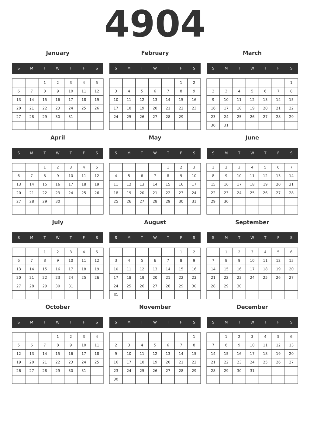 Printable 4904 Year Calendars dark