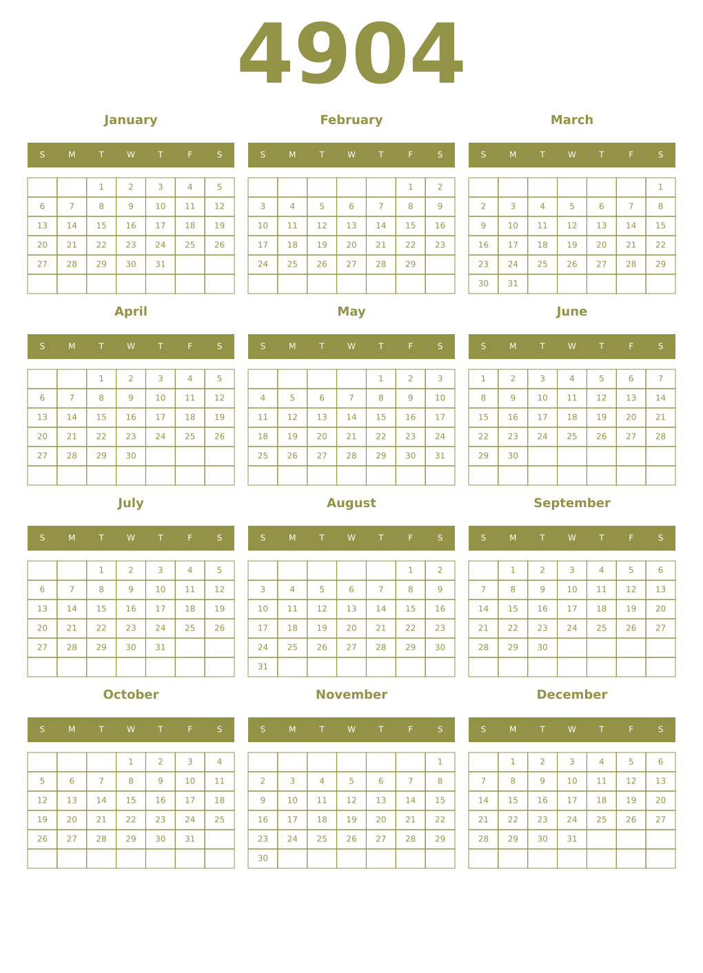 Printable 4904 Year Calendars eburnean