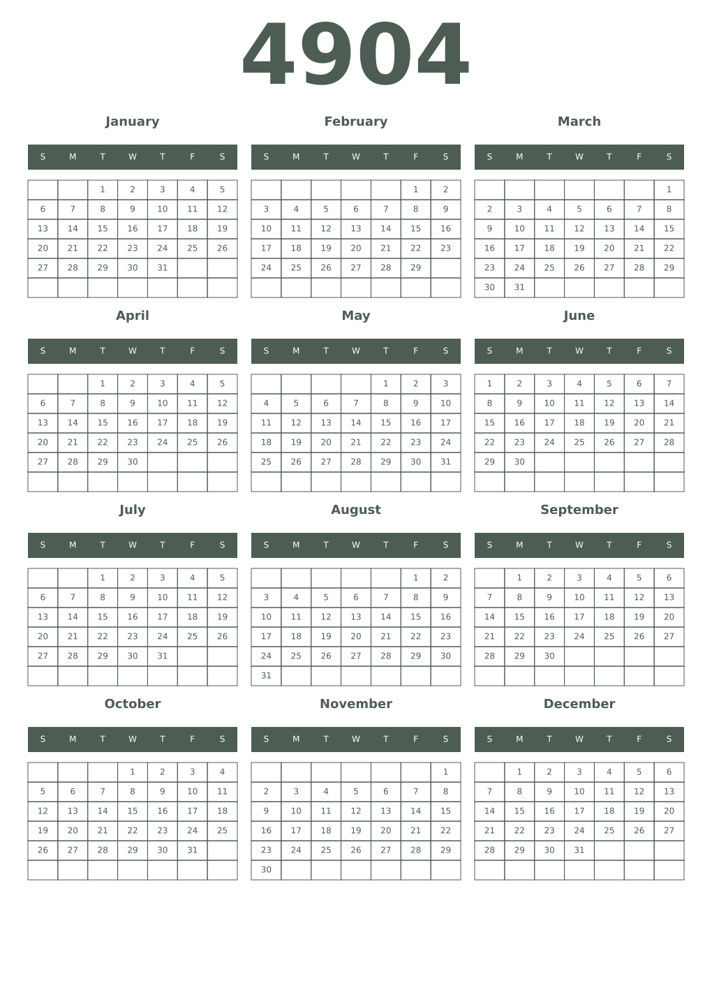 Printable 4904 Year Calendars feldgrau