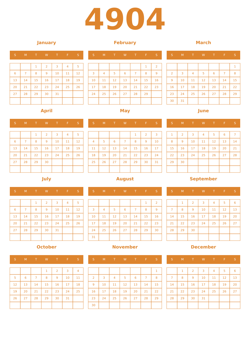 Printable 4904 Year Calendars orange