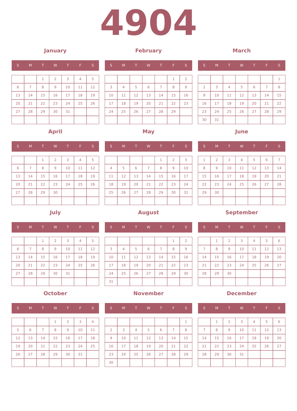Printable 4904 Year Calendars puce
