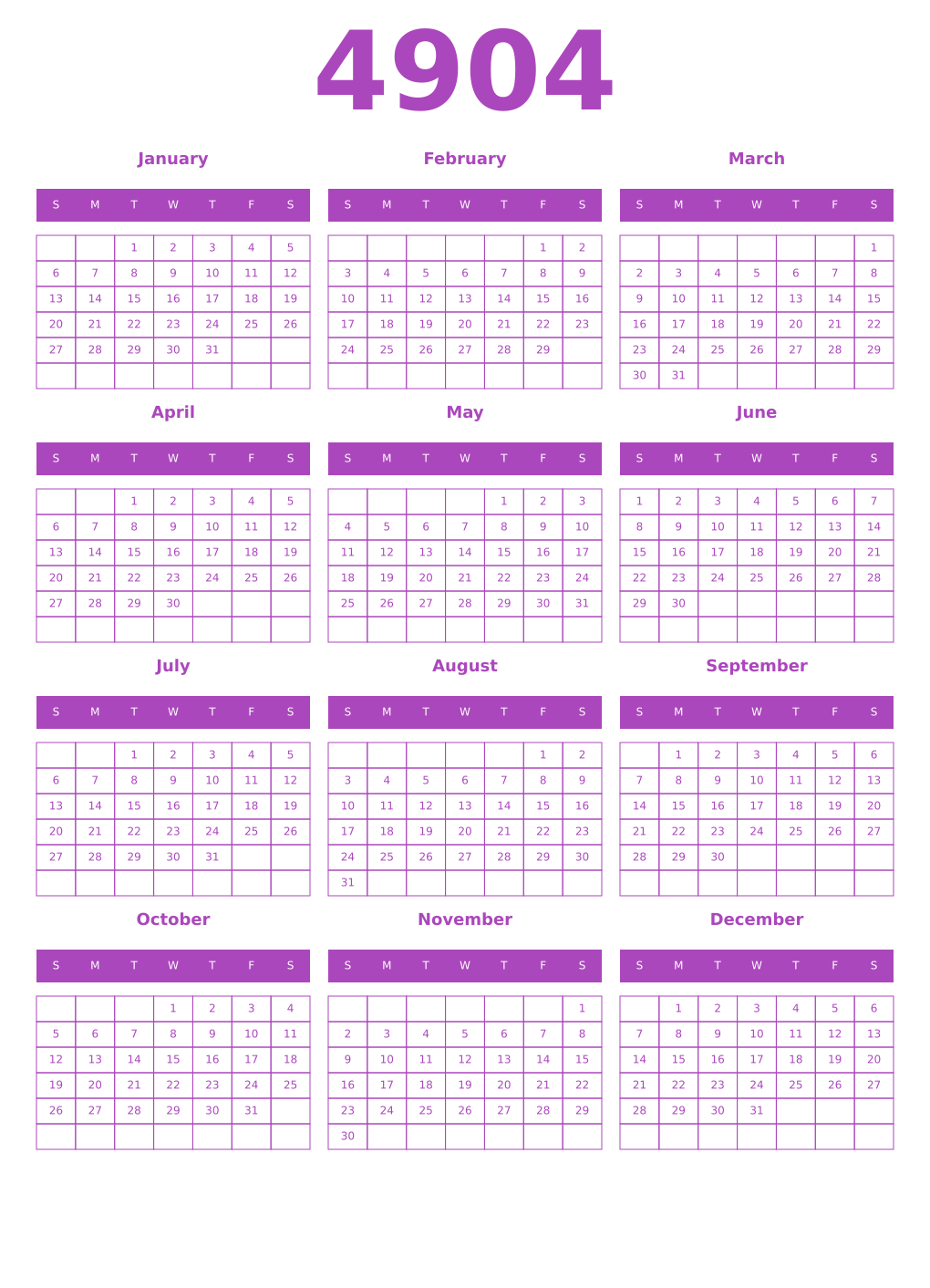 Printable 4904 Year Calendars purple
