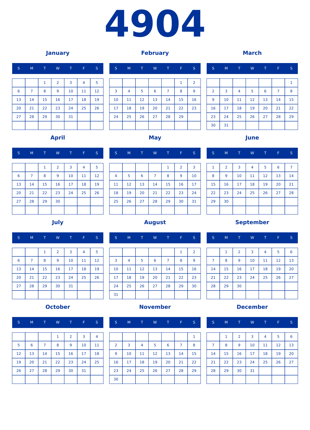 Printable 4904 Year Calendars smalt