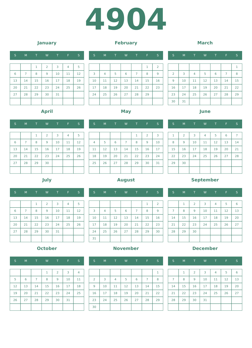 Printable 4904 Year Calendars viridian