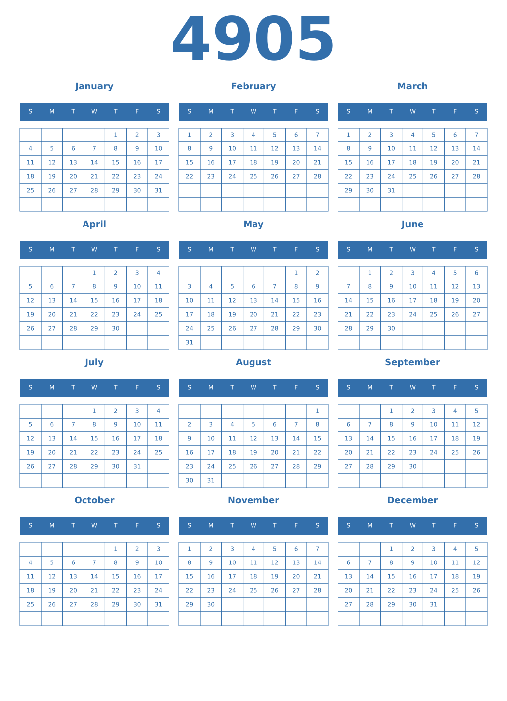 Printable 4905 Year Calendars blue