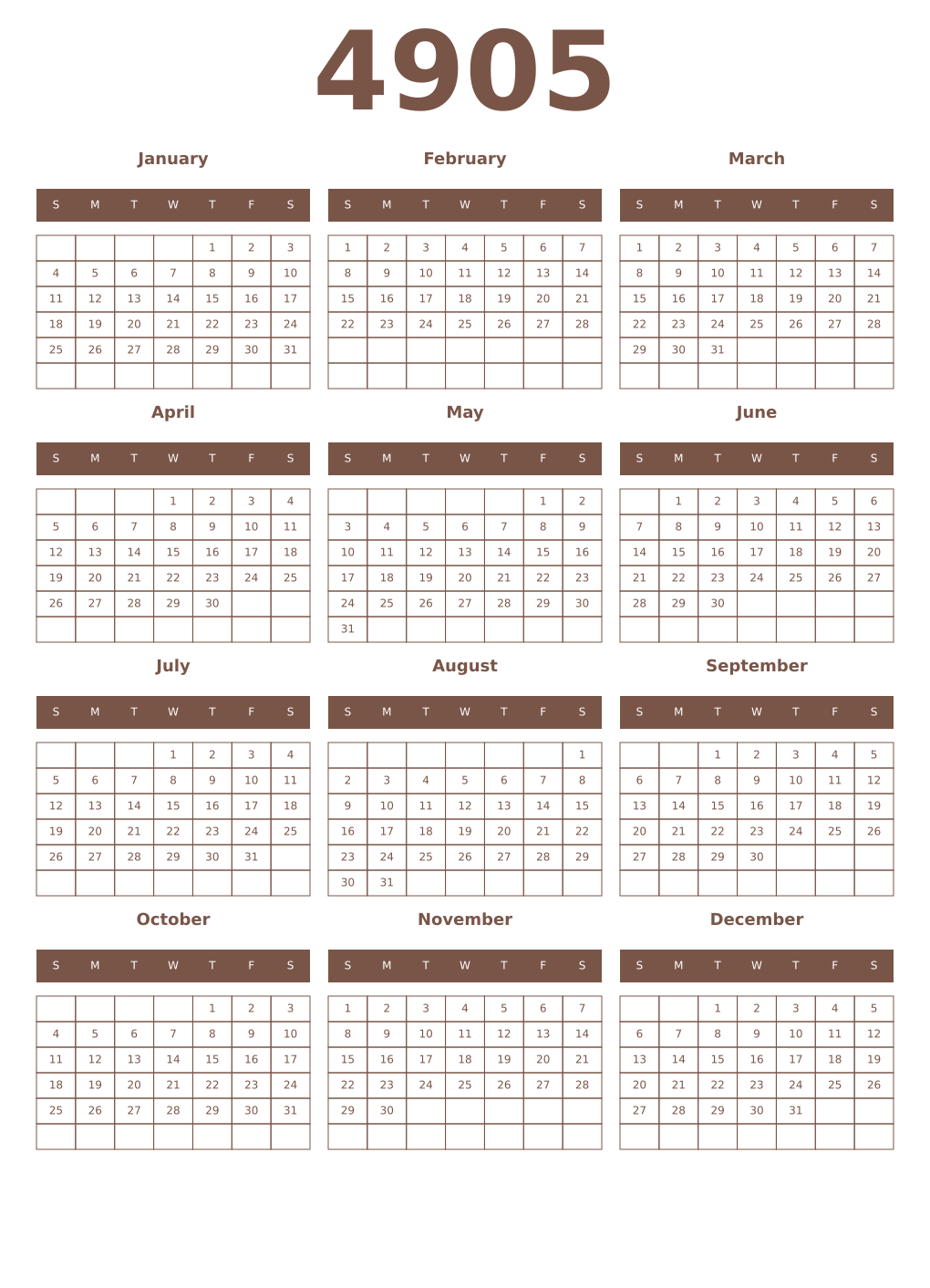Printable 4905 Year Calendars coffe