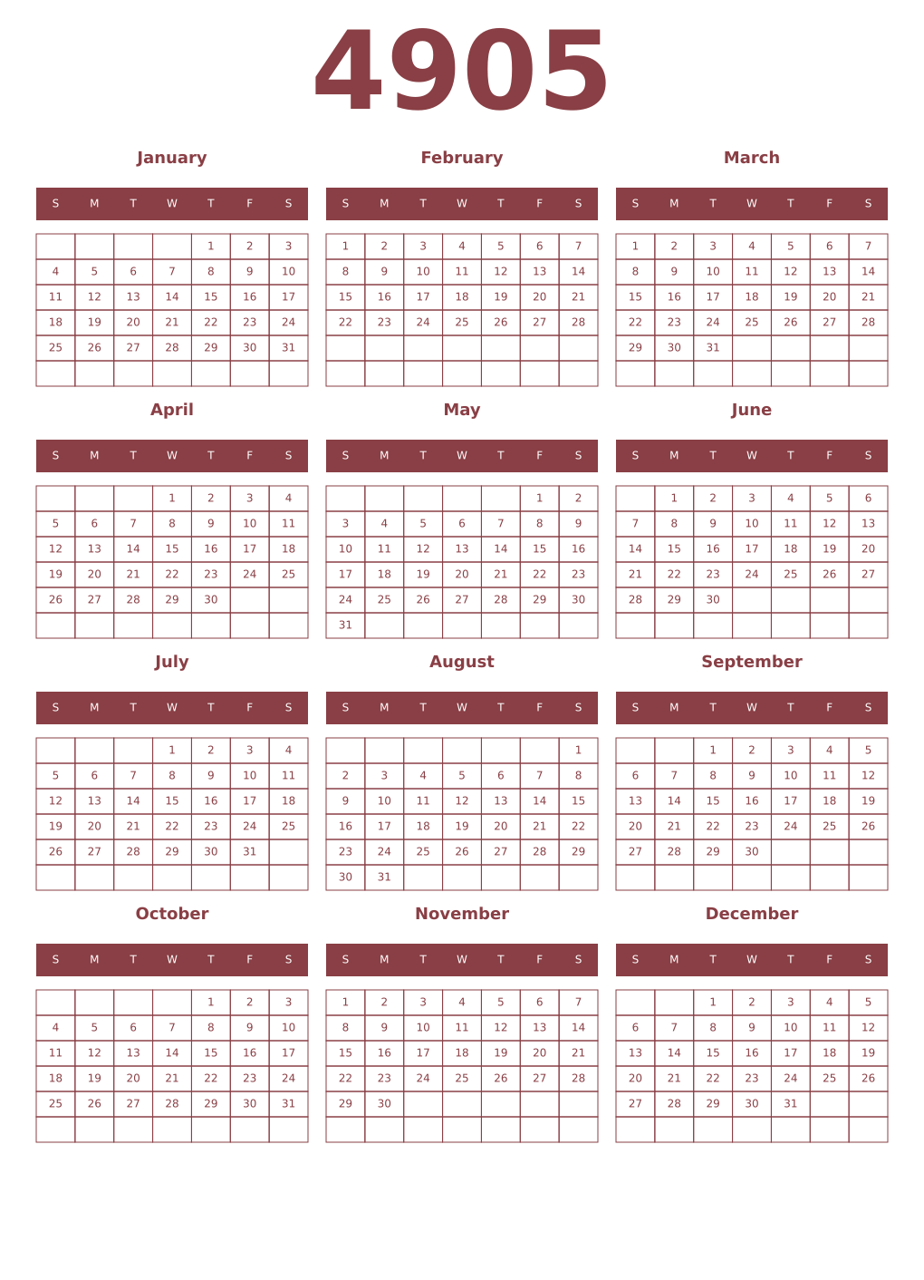 Printable 4905 Year Calendars cordovan
