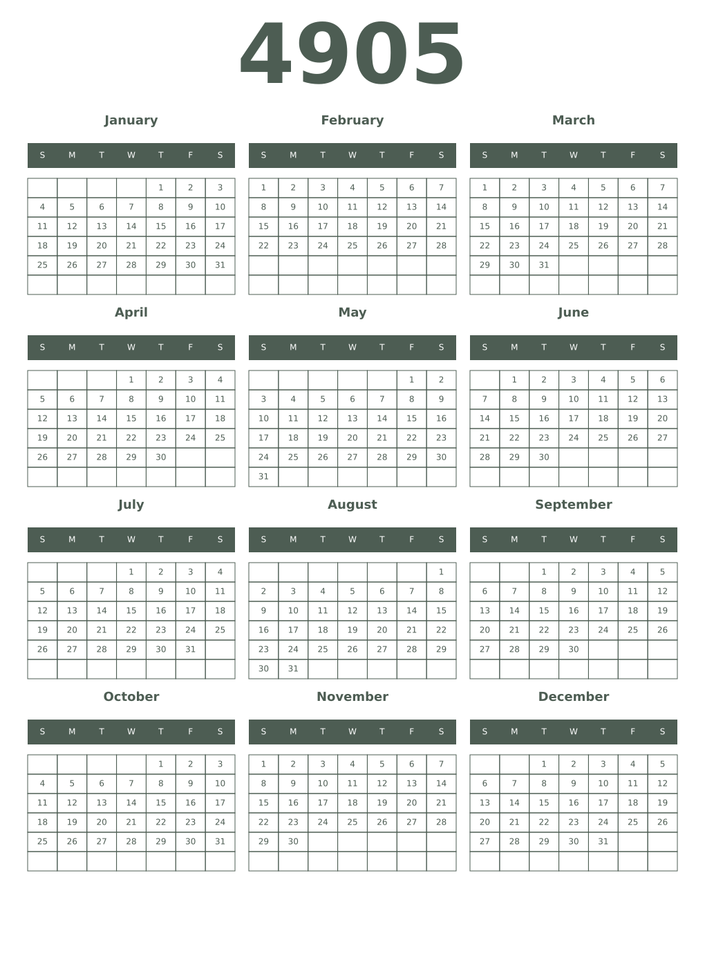 Printable 4905 Year Calendars feldgrau