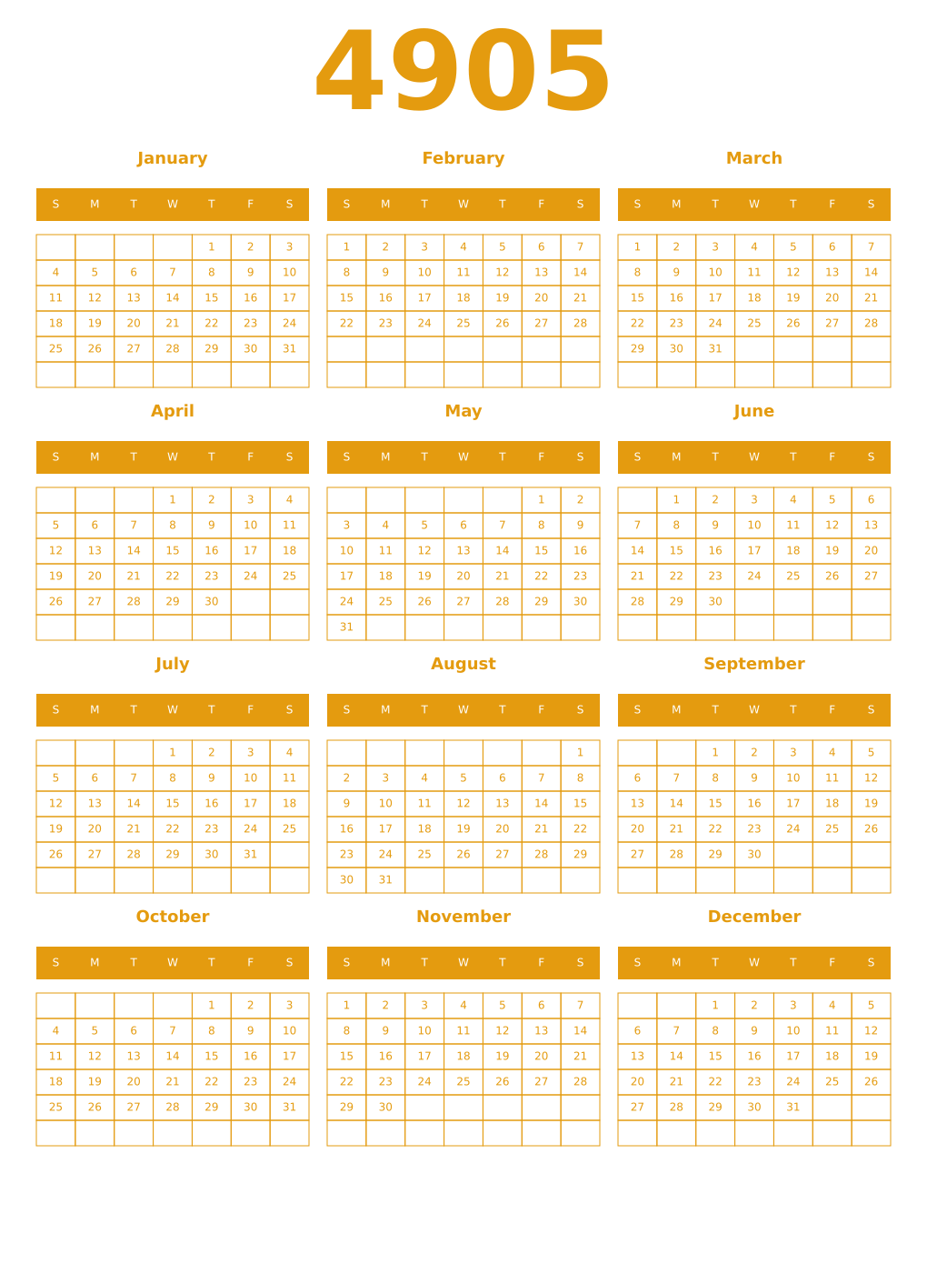 Printable 4905 Year Calendars gamboge