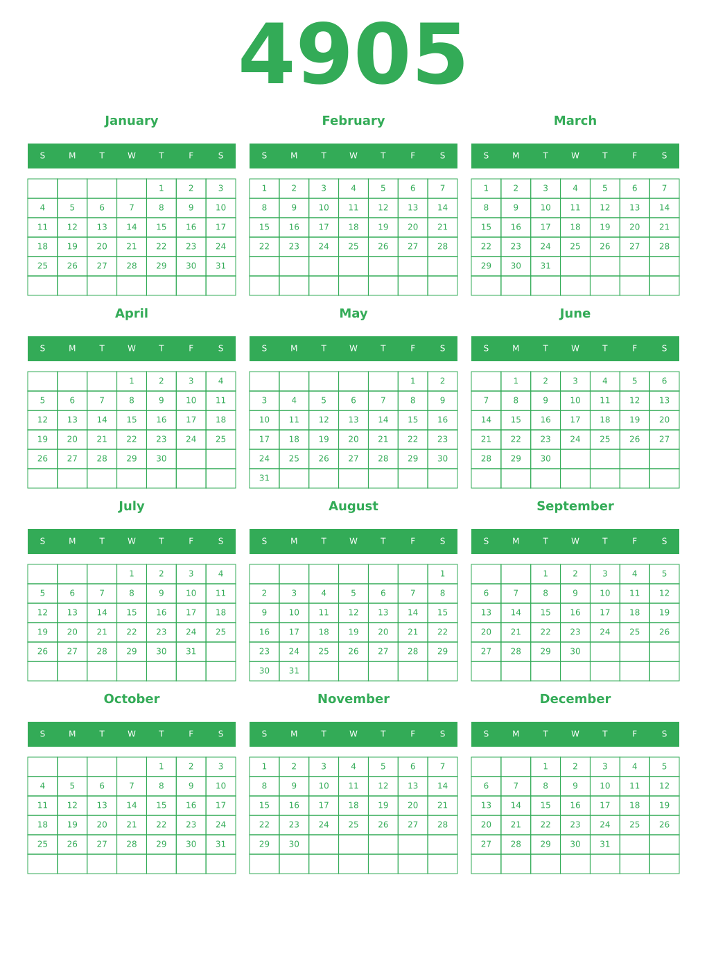 Printable 4905 Year Calendars green