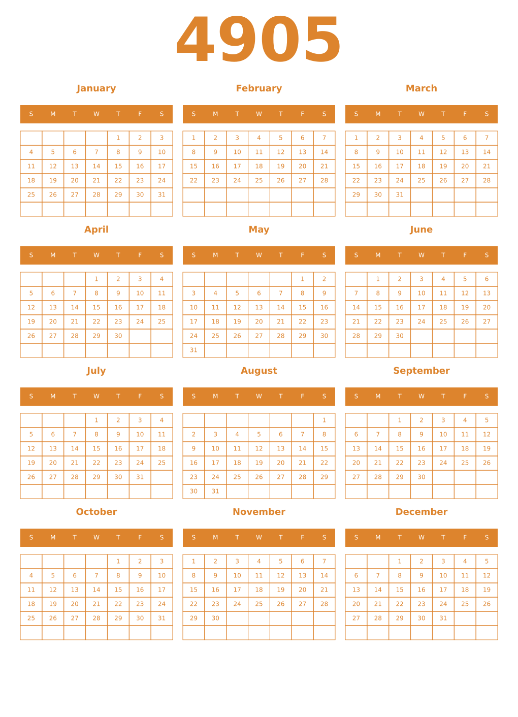 Printable 4905 Year Calendars orange