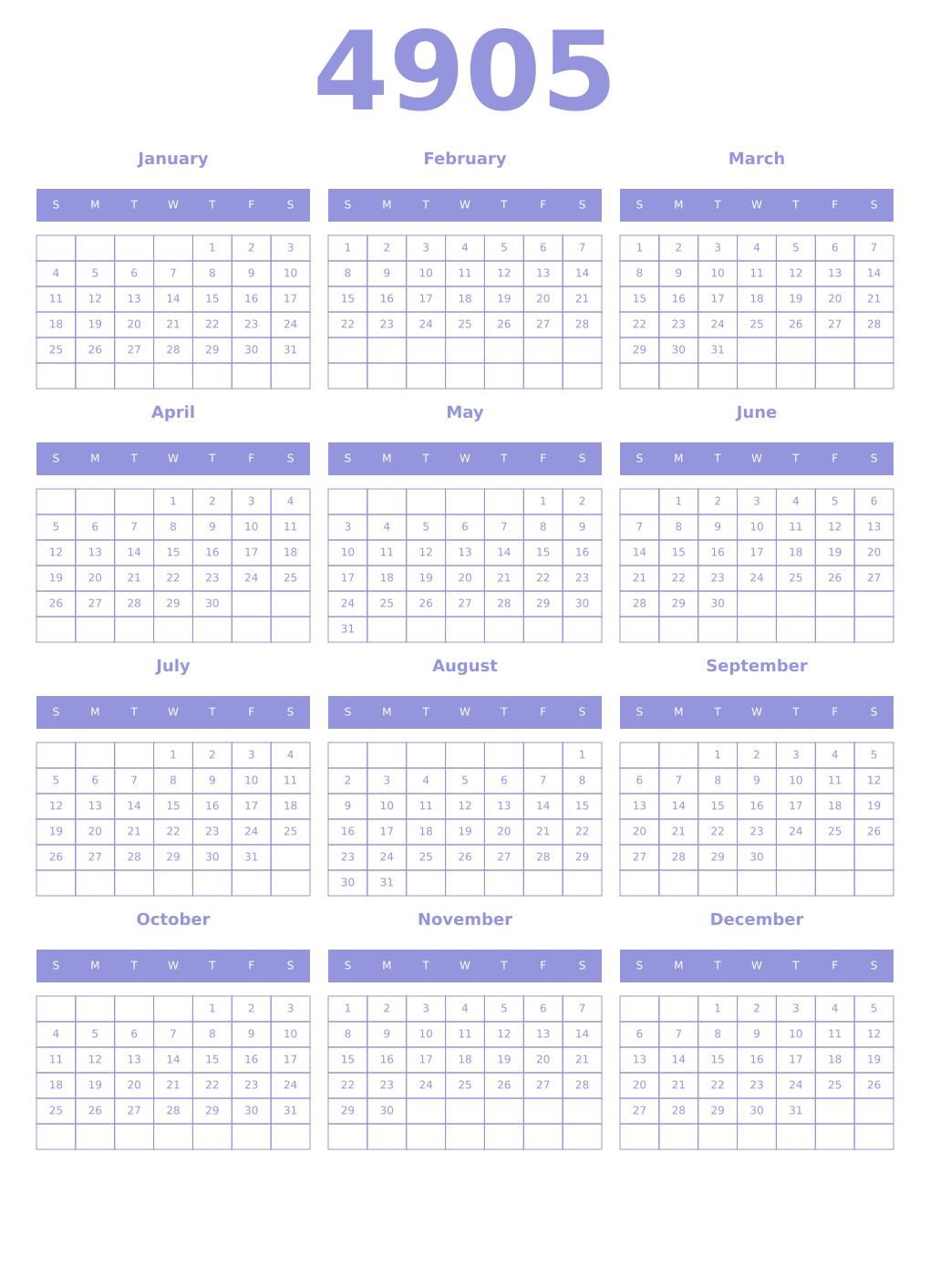 Printable 4905 Year Calendars periwinkle