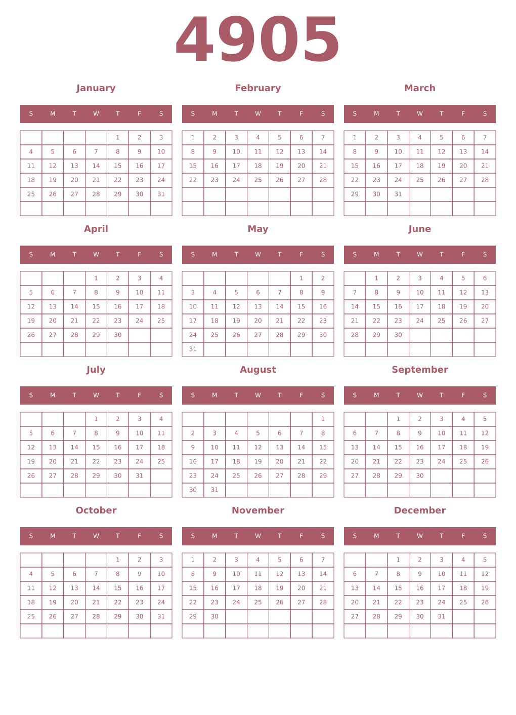 Printable 4905 Year Calendars puce
