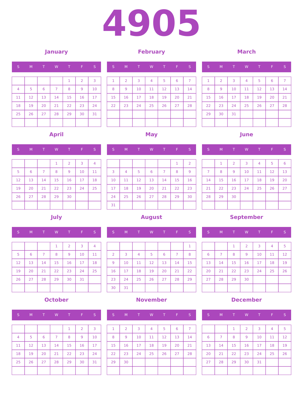 Printable 4905 Year Calendars purple