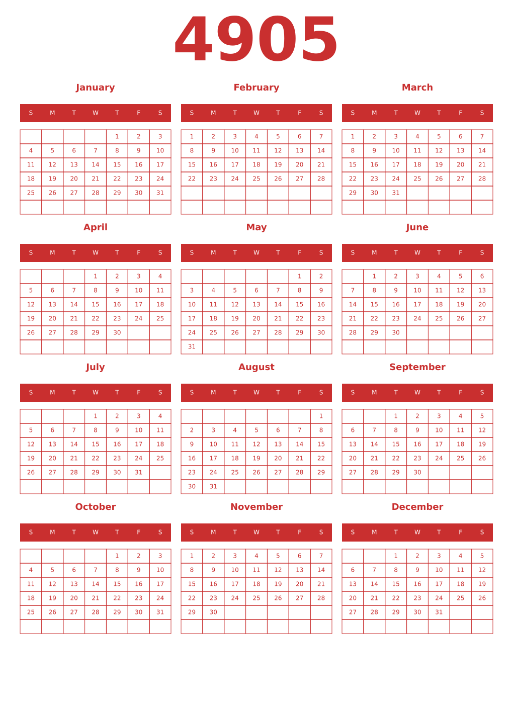 Printable 4905 Year Calendars red