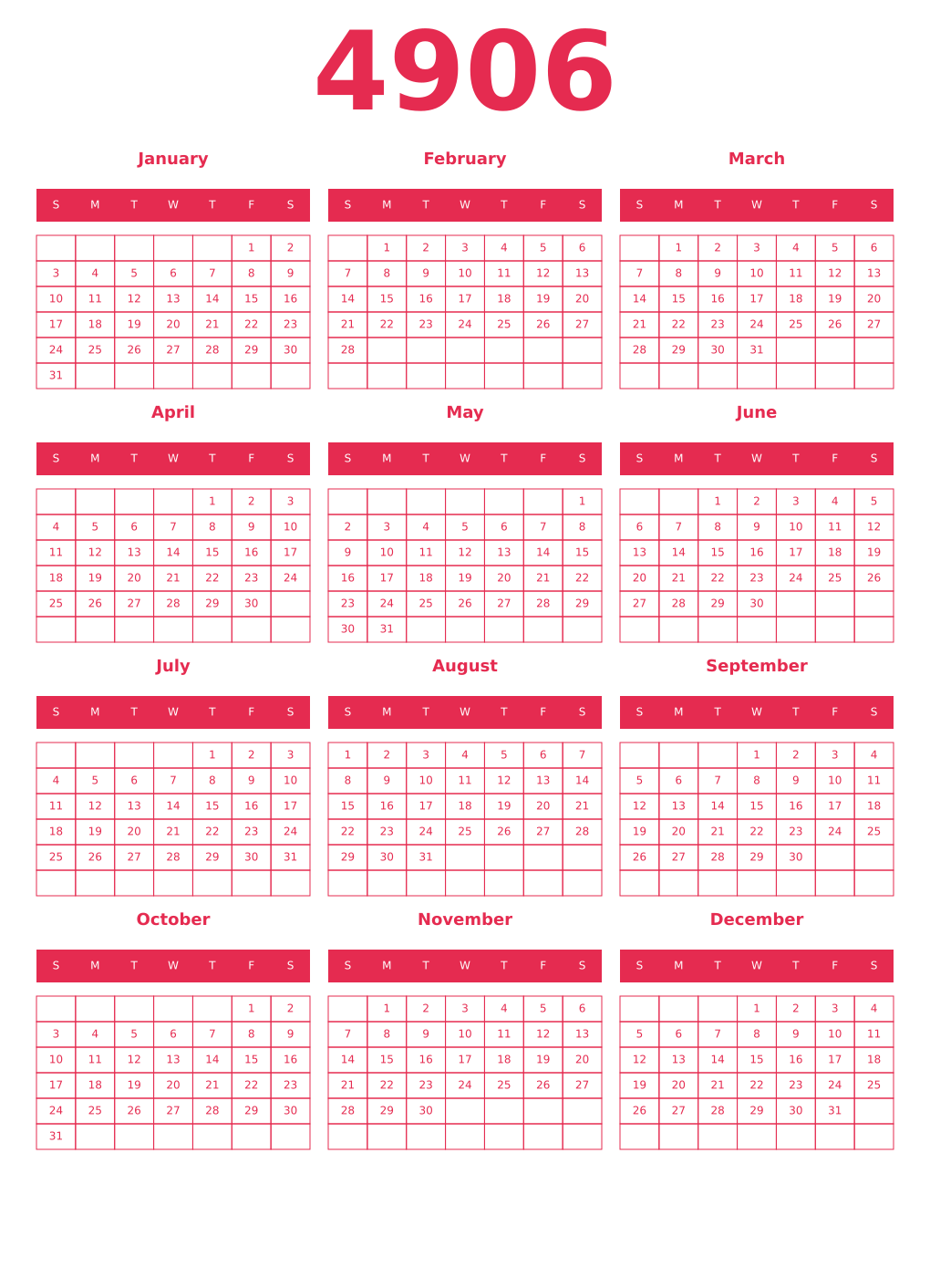 Printable 4906 Year Calendars amaranth