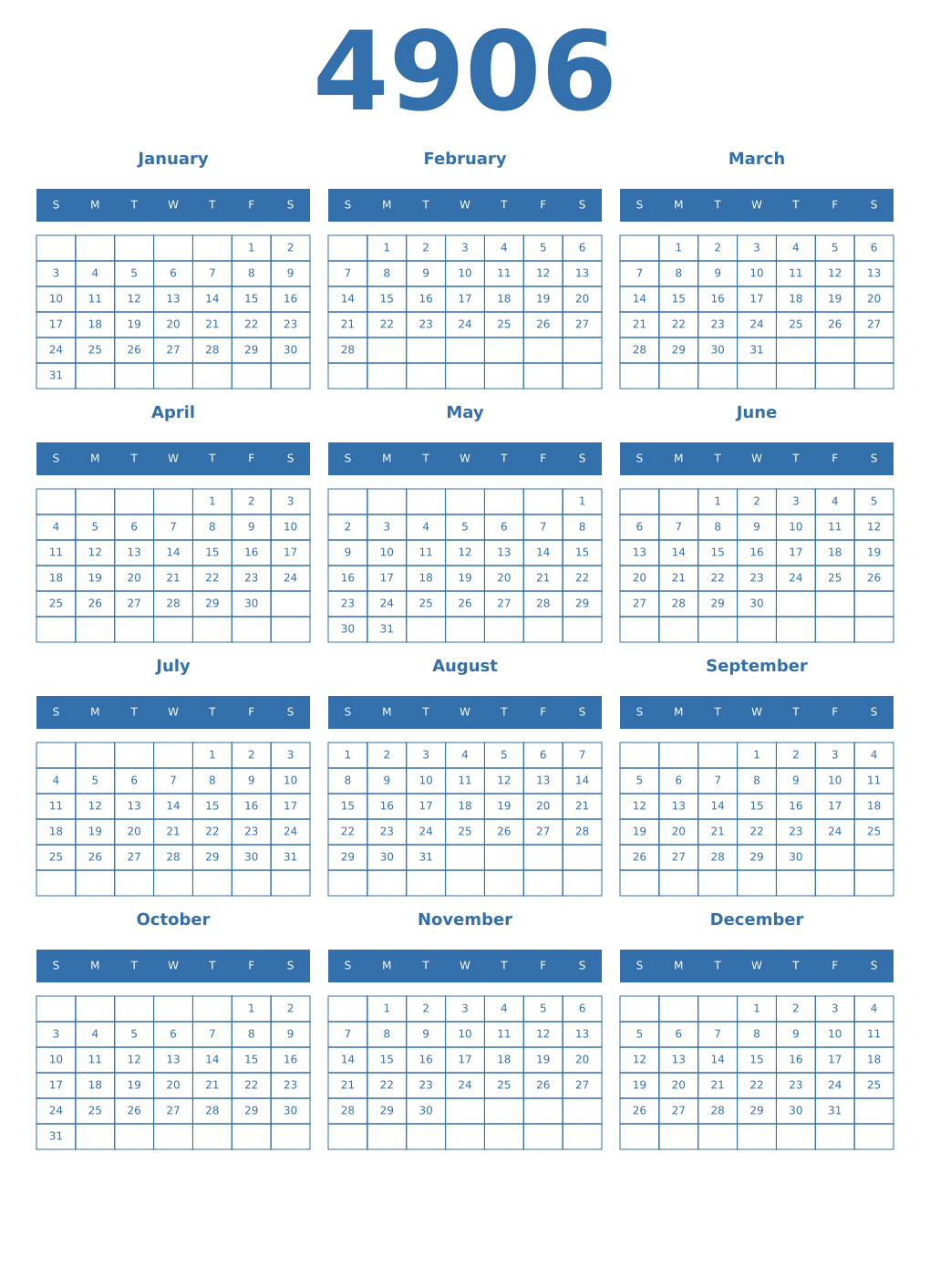 Printable 4906 Year Calendars blue