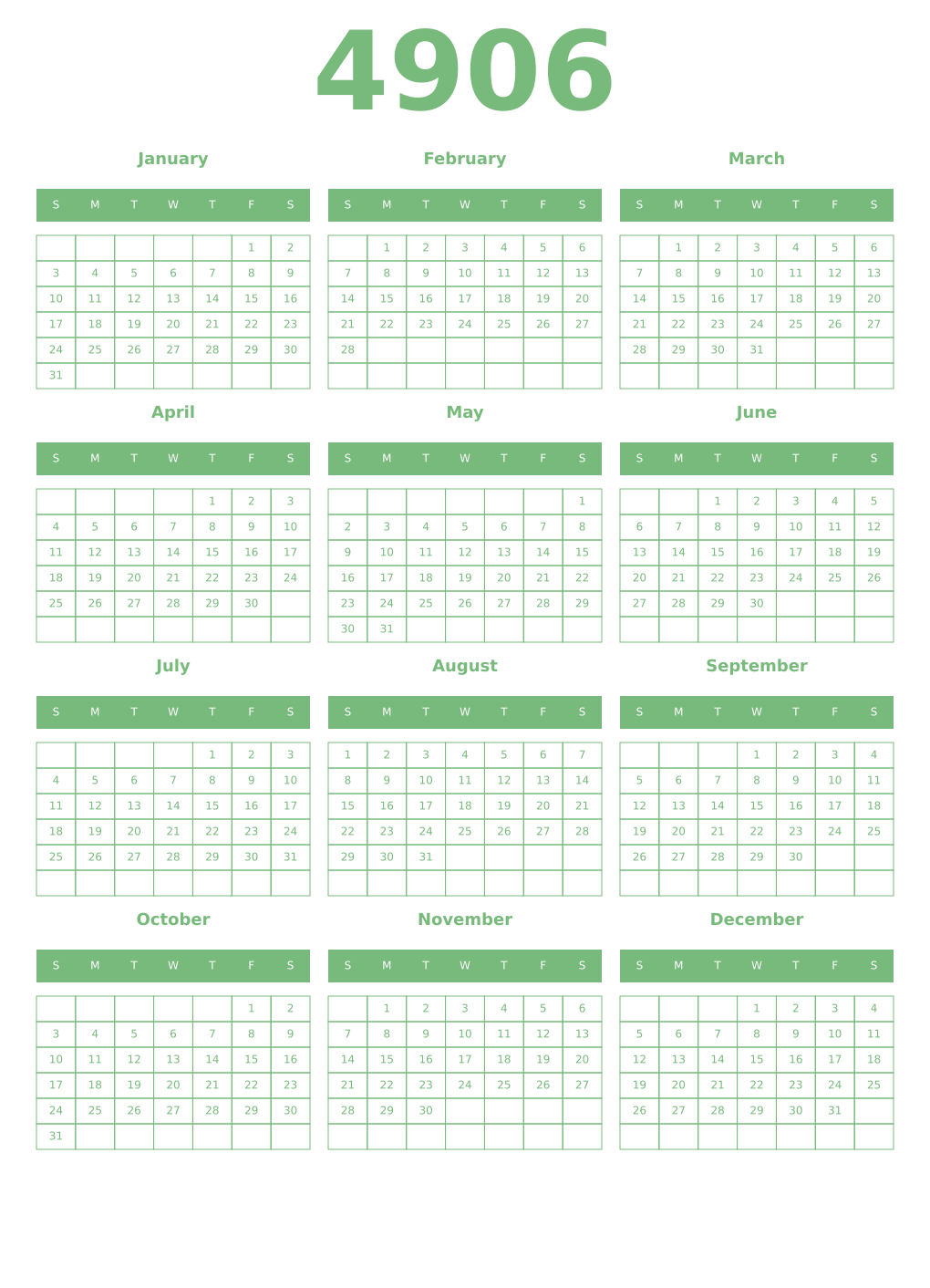 Printable 4906 Year Calendars celadon