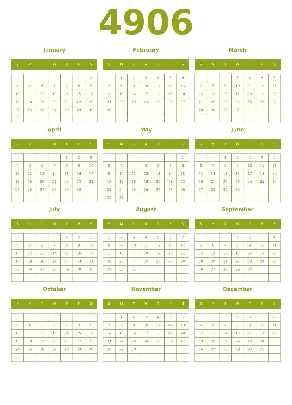Printable 4906 Year Calendars chartreuse