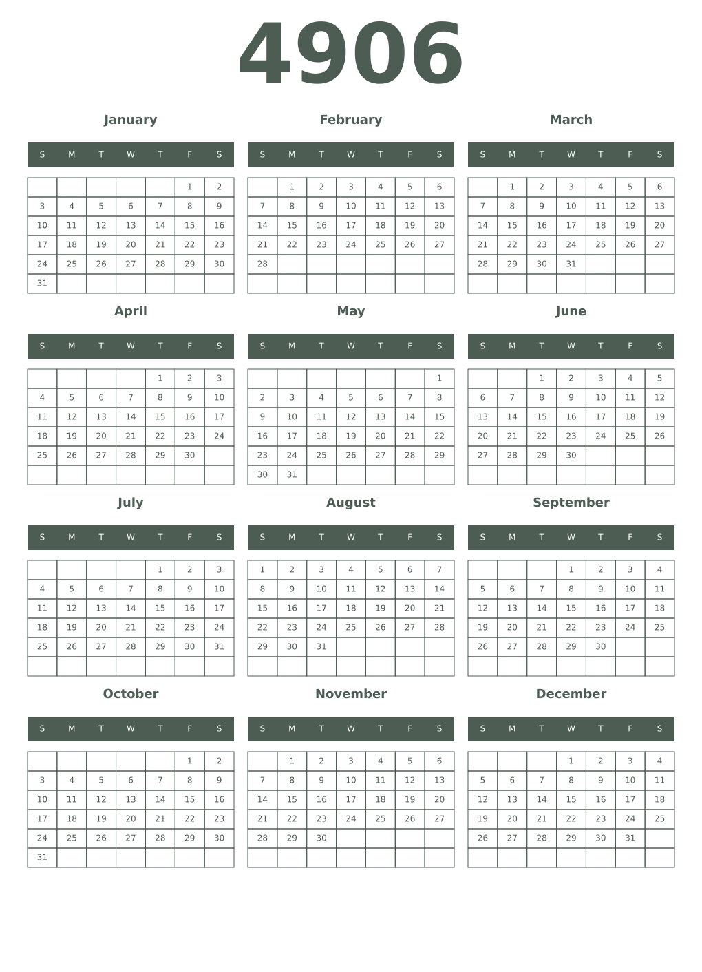 Printable 4906 Year Calendars feldgrau