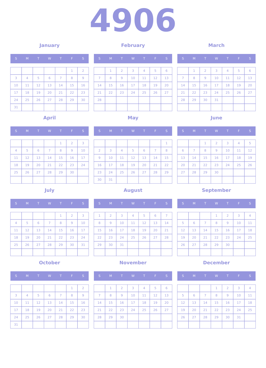 Printable 4906 Year Calendars periwinkle