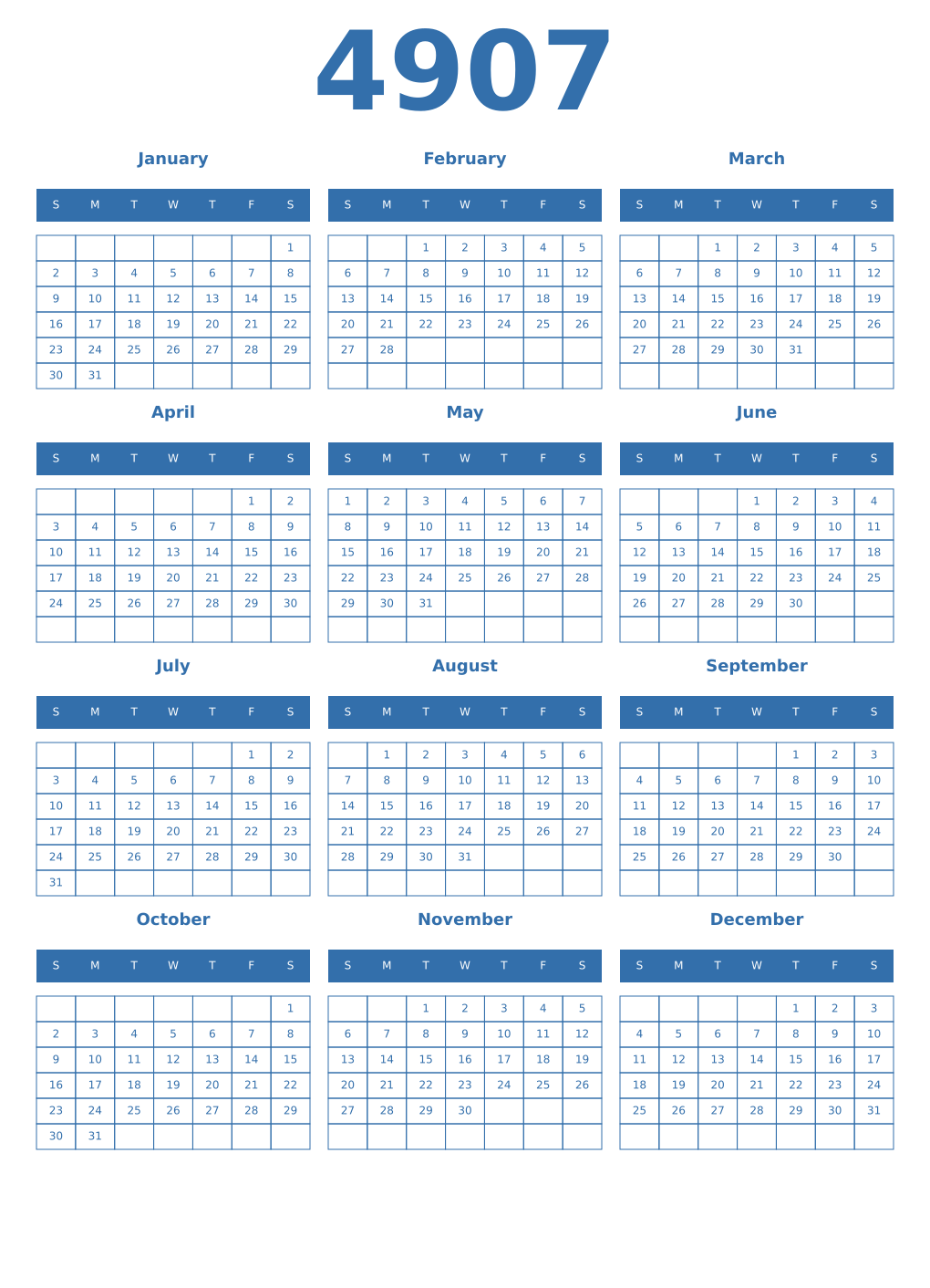 Printable 4907 Year Calendars blue