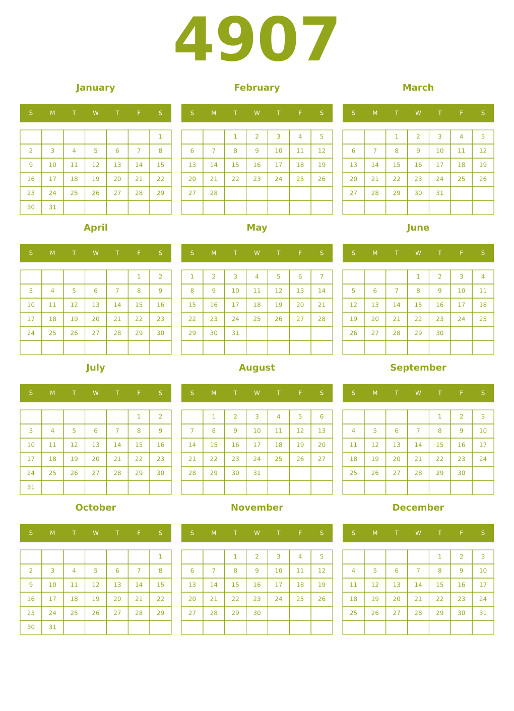 Printable 4907 Year Calendars chartreuse