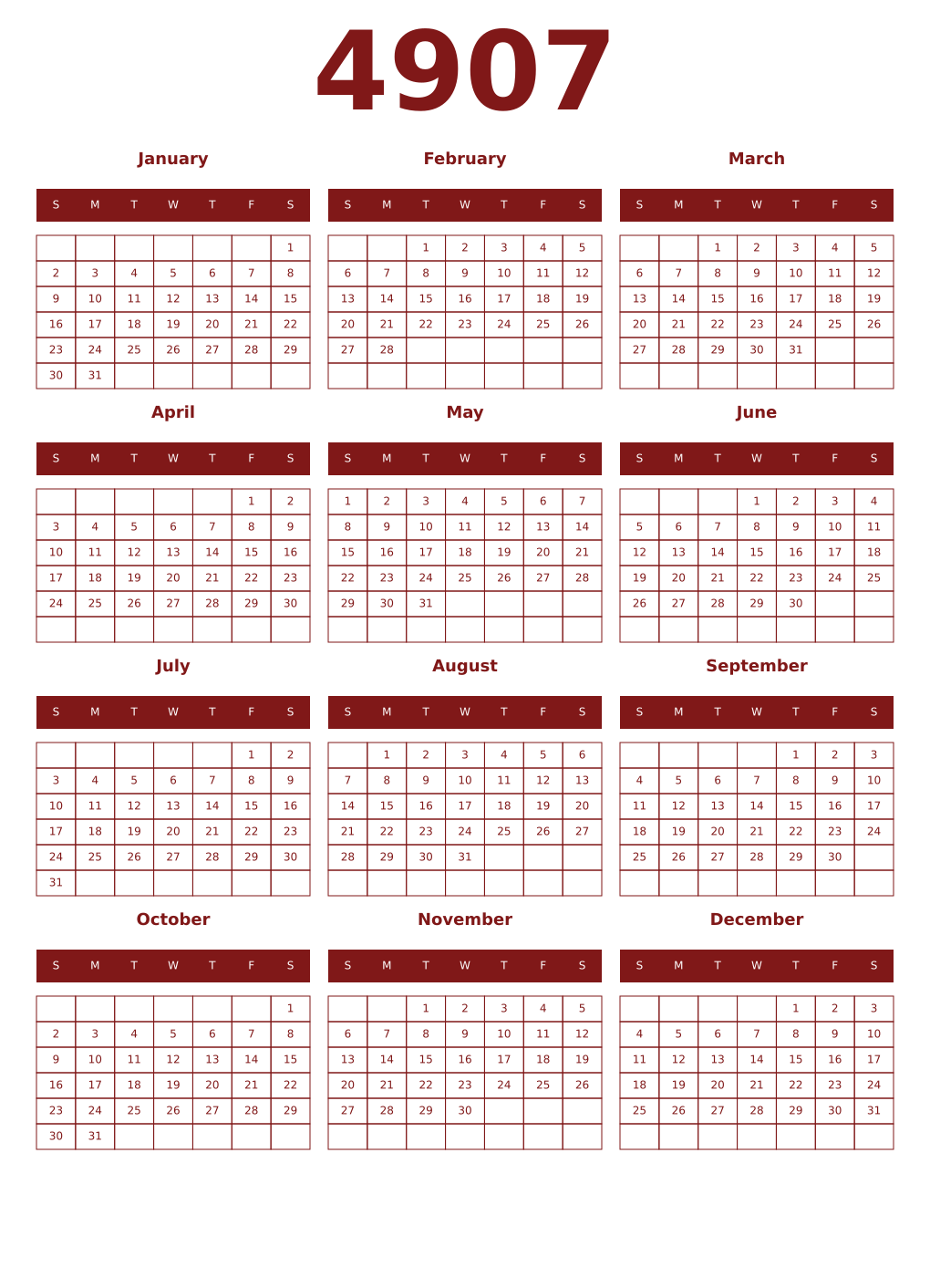 Printable 4907 Year Calendars falu