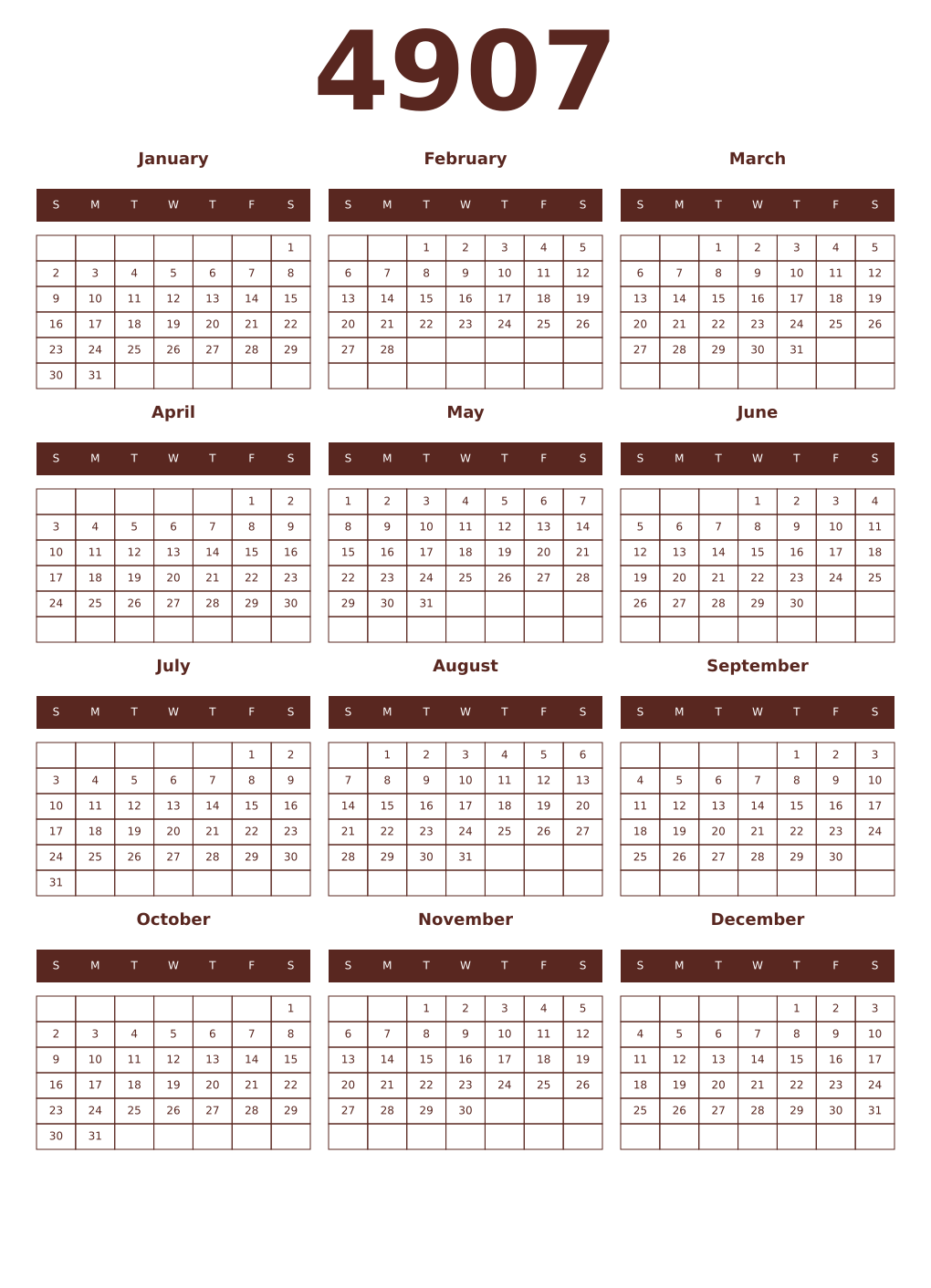 Printable 4907 Year Calendars mortuum