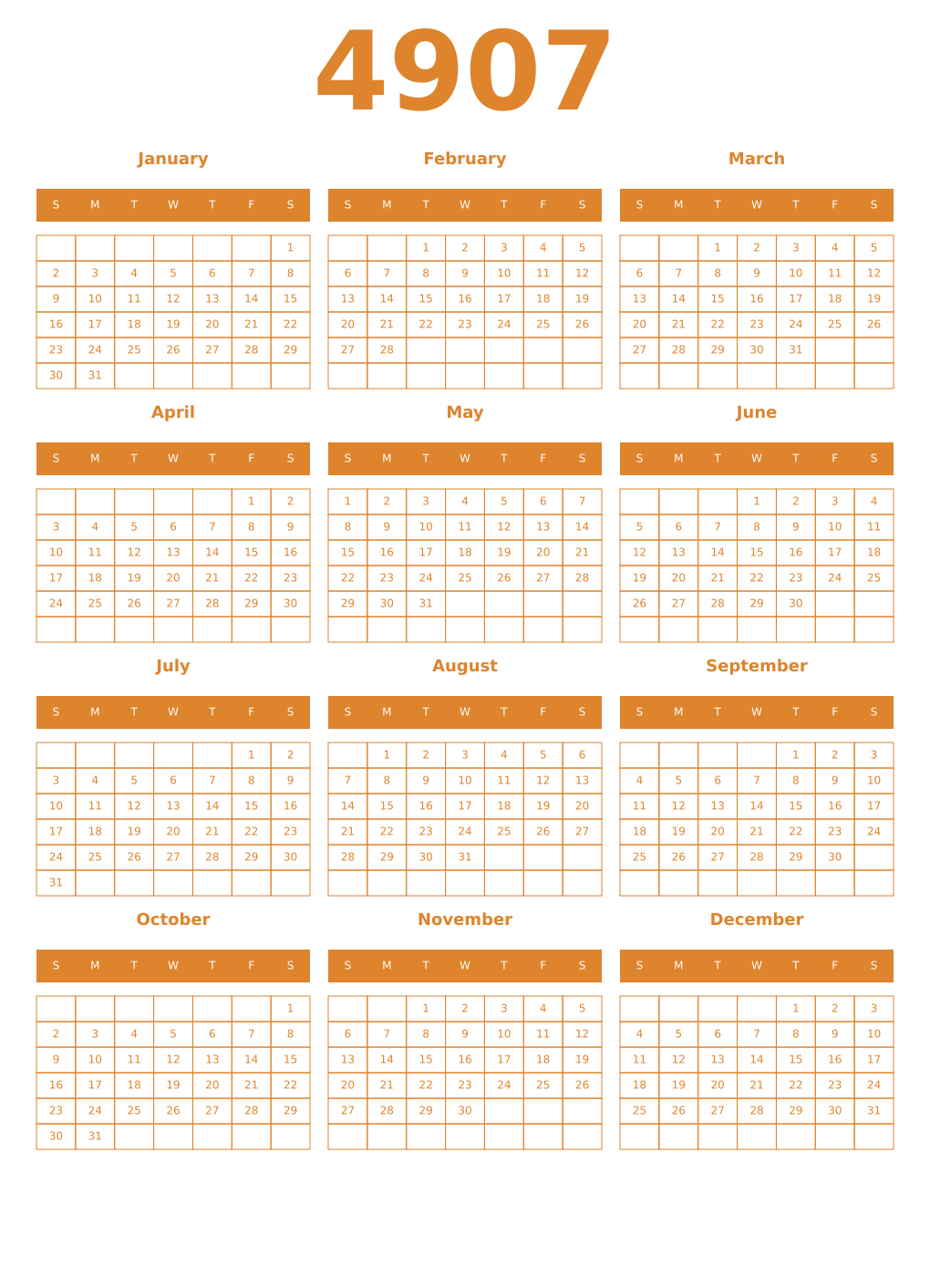 Printable 4907 Year Calendars orange