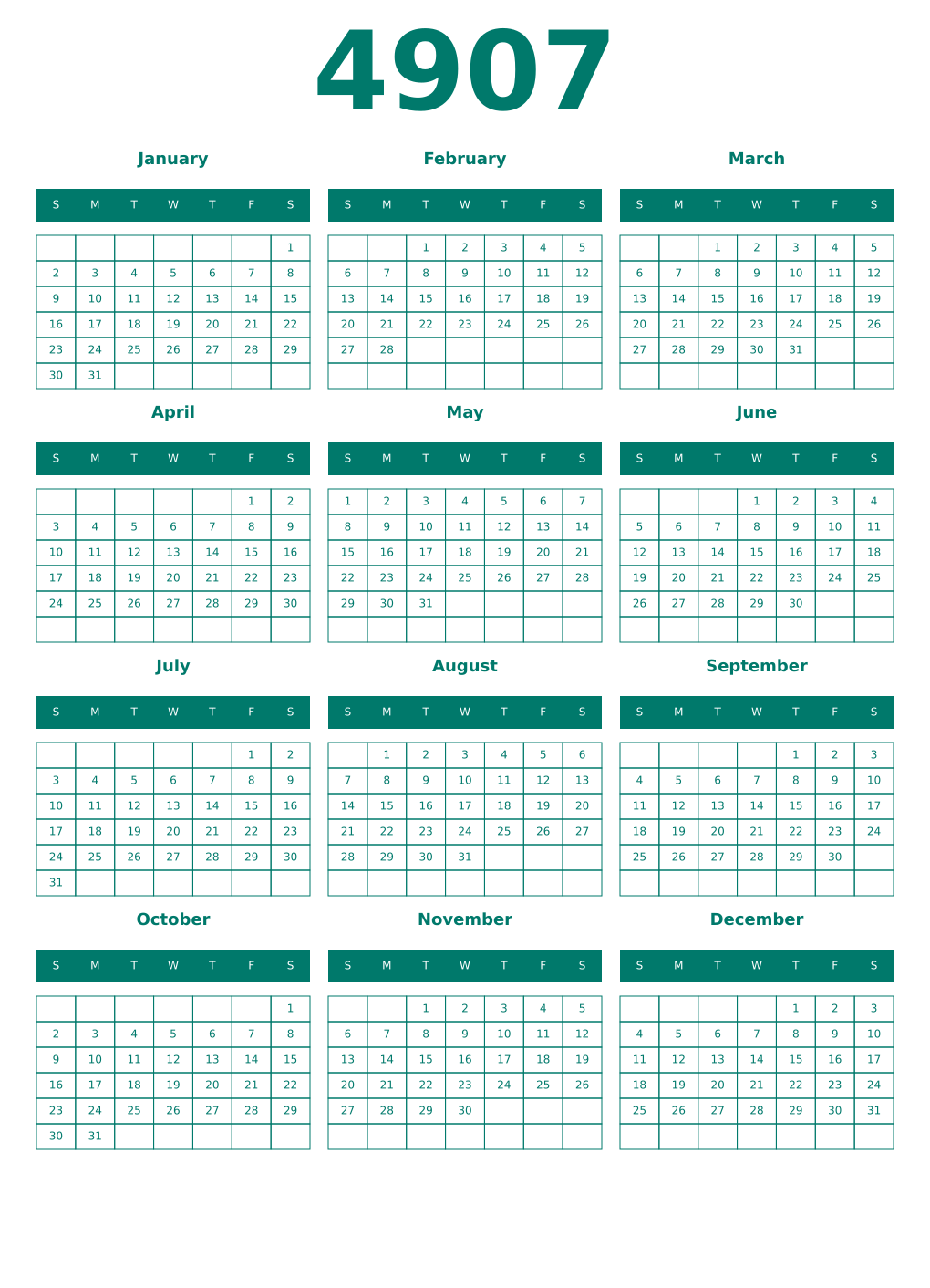 Printable 4907 Year Calendars pastel
