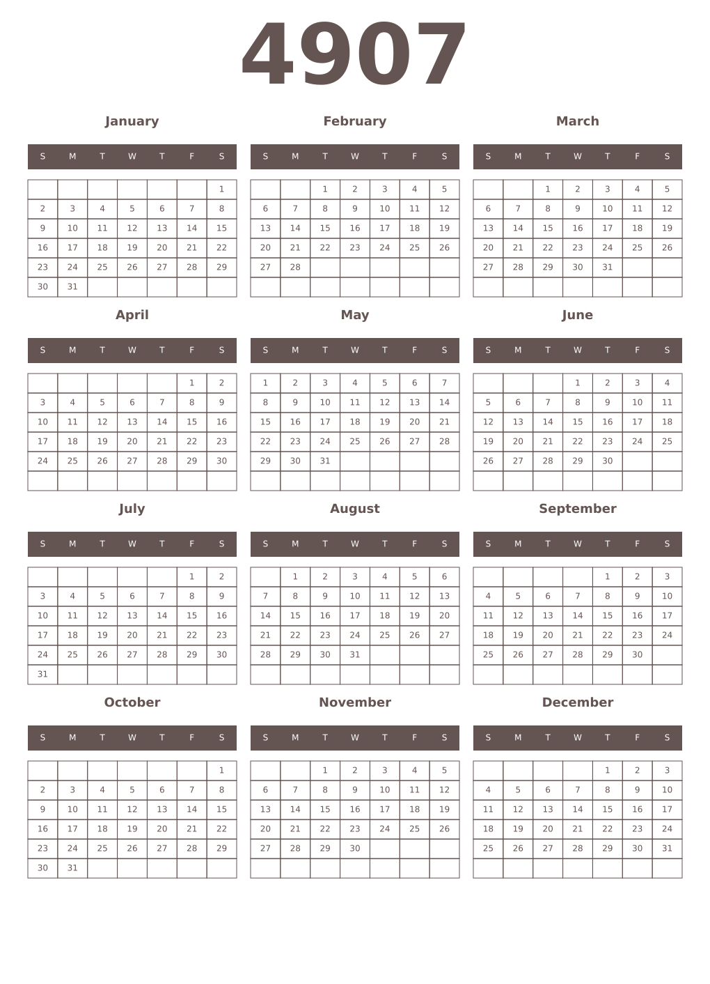 Printable 4907 Year Calendars wenge
