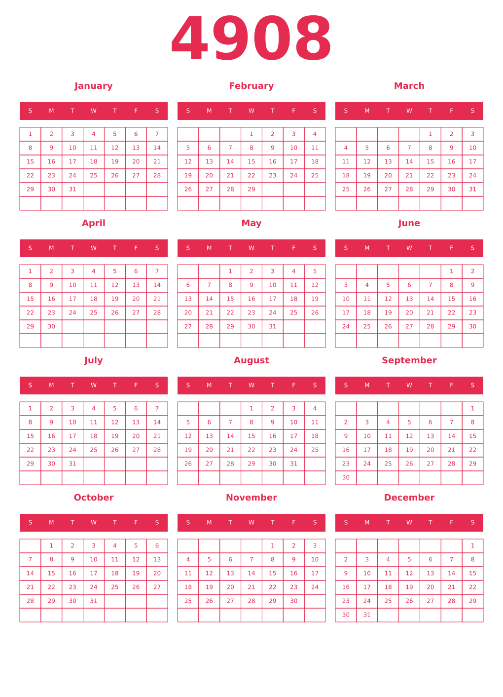 Printable 4908 Year Calendars amaranth