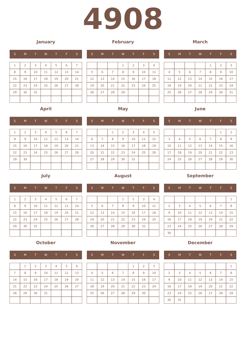 Printable 4908 Year Calendars coffe