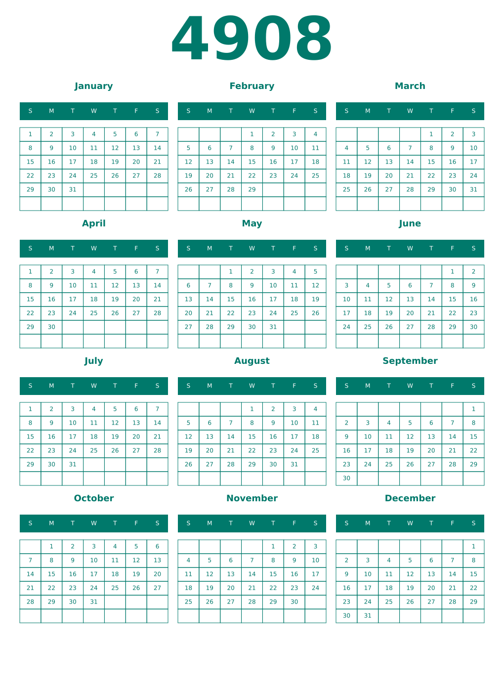Printable 4908 Year Calendars pastel