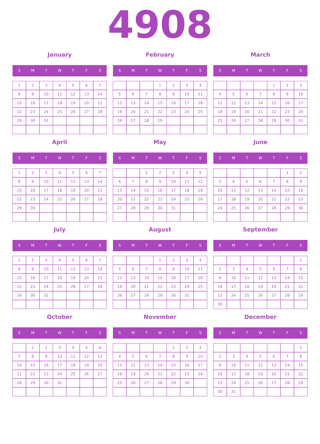 Printable 4908 Year Calendars purple