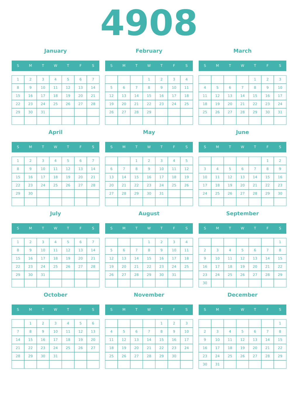 Printable 4908 Year Calendars verdigris