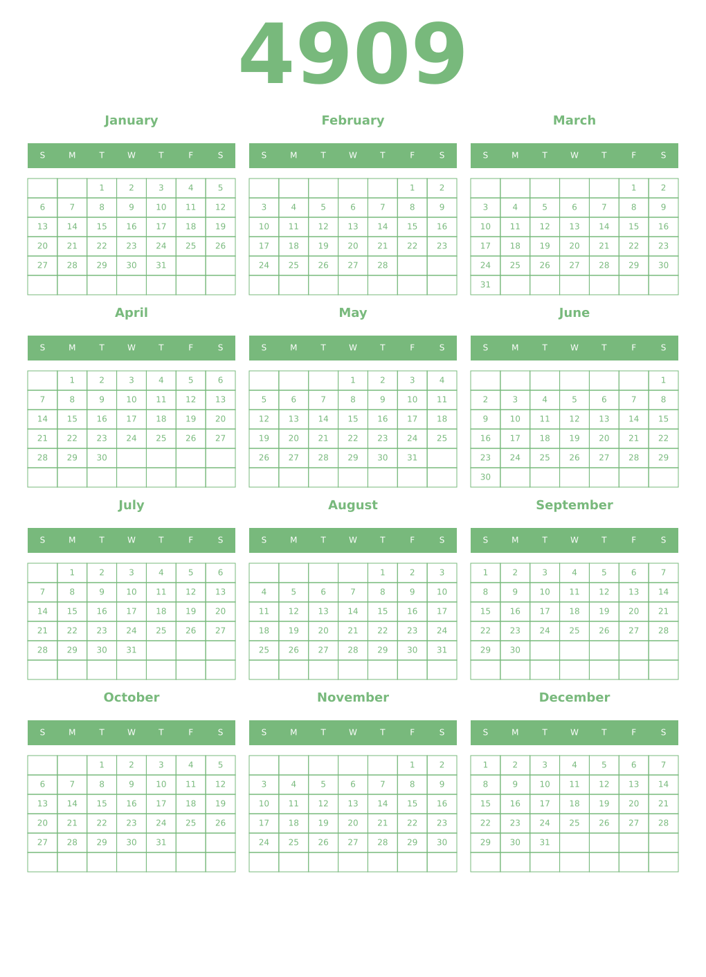 Printable 4909 Year Calendars celadon