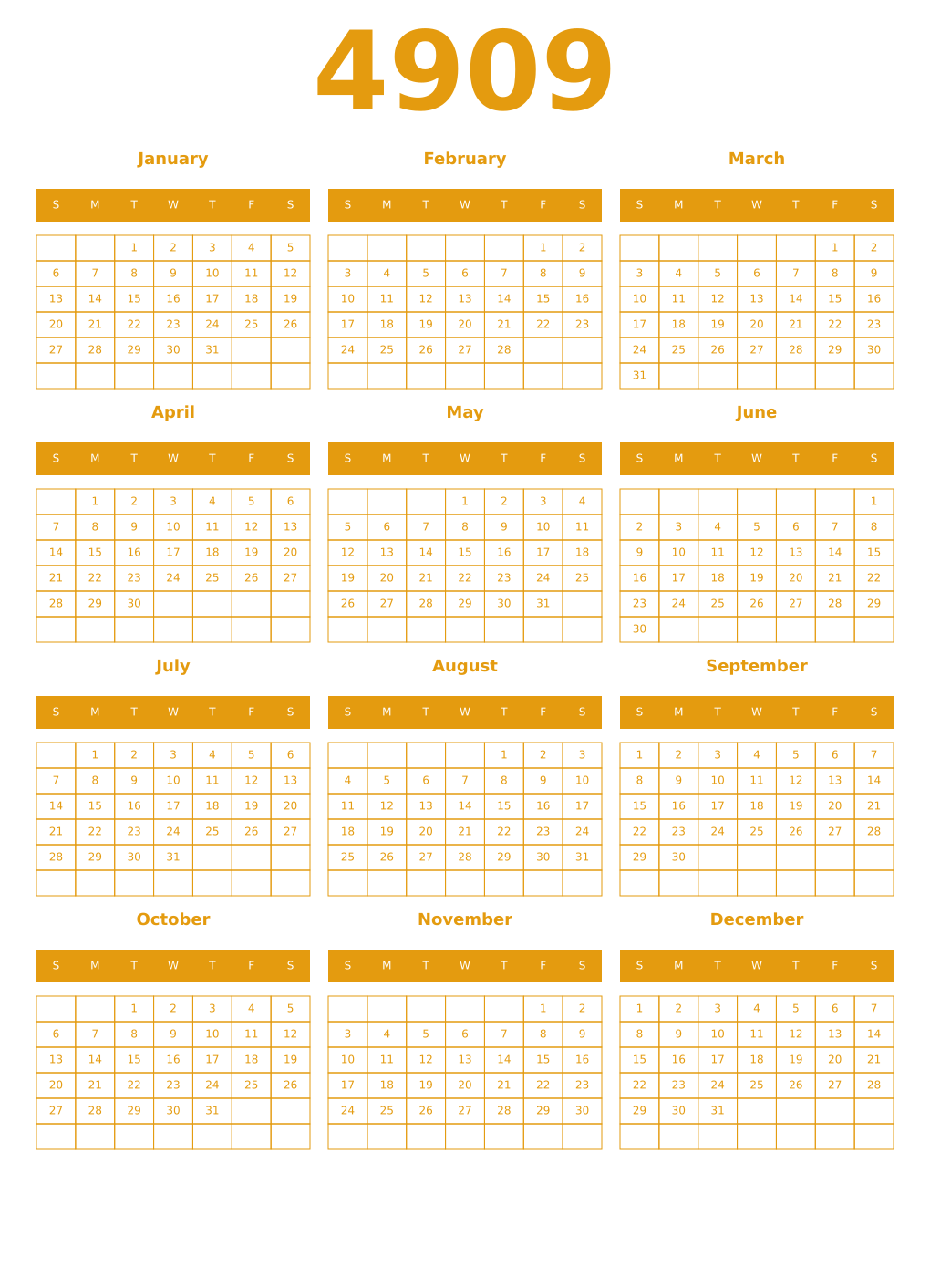 Printable 4909 Year Calendars gamboge