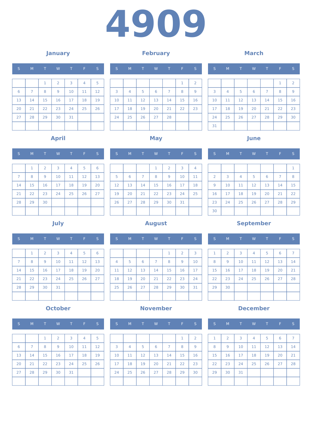 Printable 4909 Year Calendars glaucous