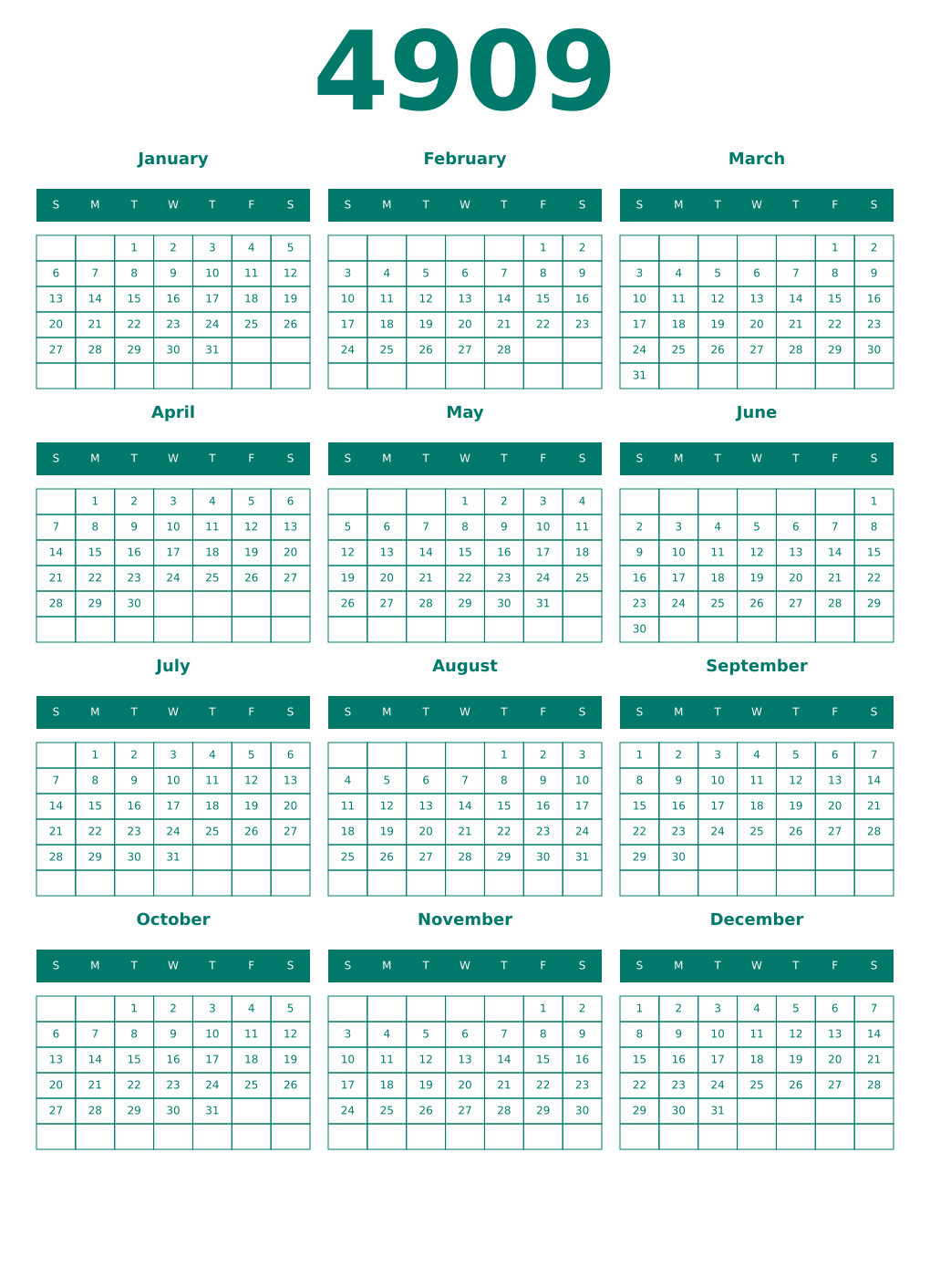 Printable 4909 Year Calendars pastel