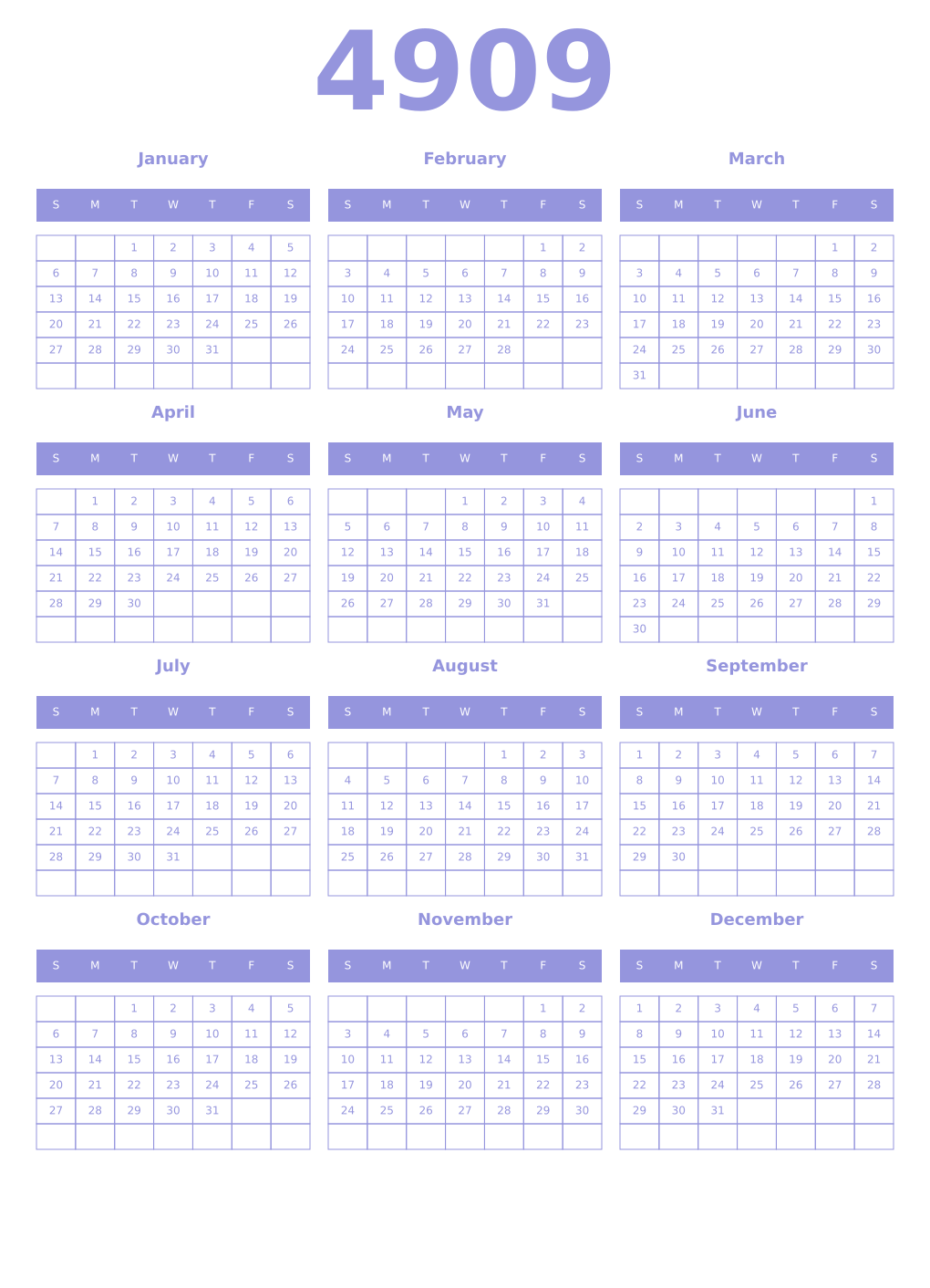 Printable 4909 Year Calendars periwinkle